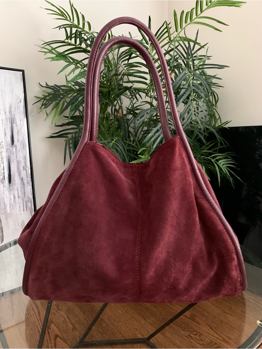 Large Suede Leather Hobo Bag in Burgundy, made in India 16x12